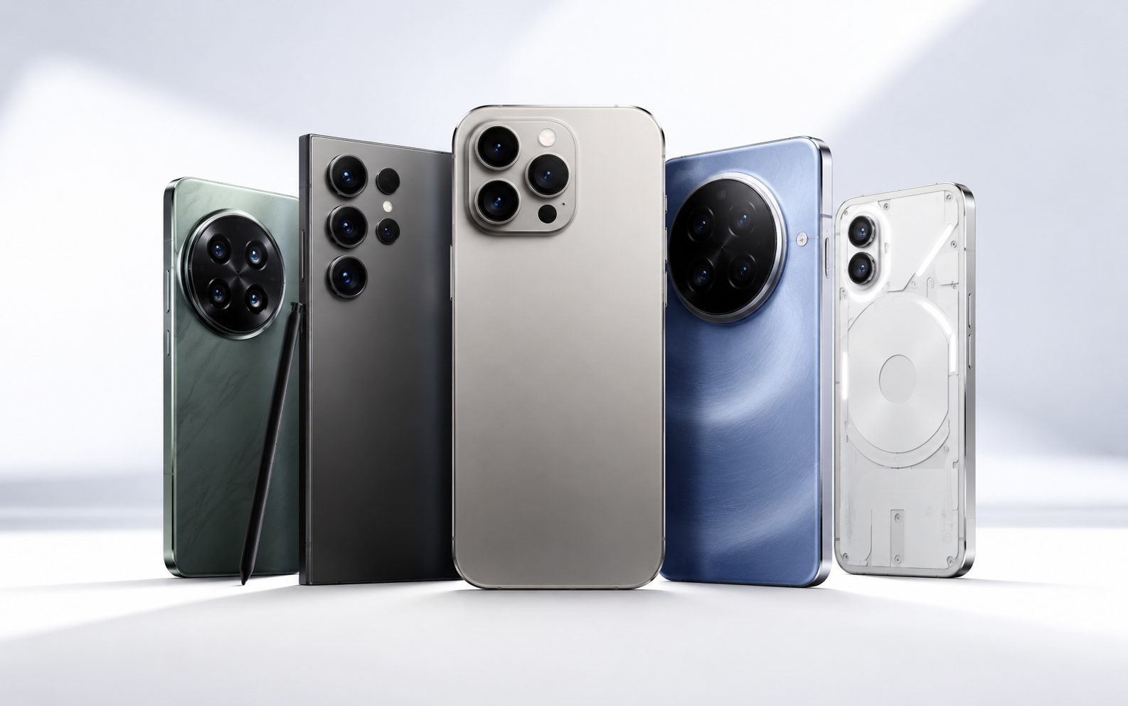 A lineup of the latest flagship smartphones on a bright studio surface